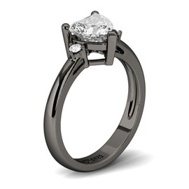 Jeulia Heart Black Engagement Ring: Women Sterling Silver Three Stone Cubic Zirconia Promise Wedding Ring Band Jewellery for Her Wife Gift (Black, N-½.)