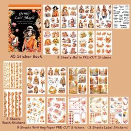 Dwpetzo Autumn Journal Sticker Book for Junk Journaling, 20 Sheets Pre-Cut PET & Paper Fall Stickers for Scrapbooking Supplies, Planners, Bujo, Collage Materials