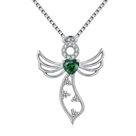 JiaYangJY Little Guardian Angel Necklace 925 Sterling Silver with Heart May Emerald Angel Wing Pendant Unique Gifts for Her