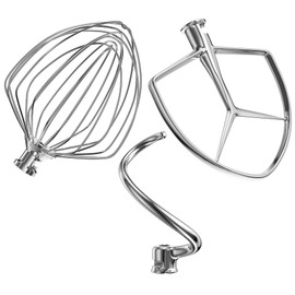 Stainless Steel Stand Mixer Attachments 3-Piece (7QT Flat Beater, 7QT Dough Hook, 7QT 6-Wire Whip Attachment) for KitchenAid Lift Stand Mixer and 7 Quart Bowl, Dishwasher Safe