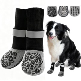 Dog Paw Protectors Socks for Hot & Cold Pavement, Anti Slip Dog Shoes with Maximum Grip to Prevent Licking Paws, Slipping, Paw Protector Boots for Small Medium Large Senior Dogs (Black Leopard, L)