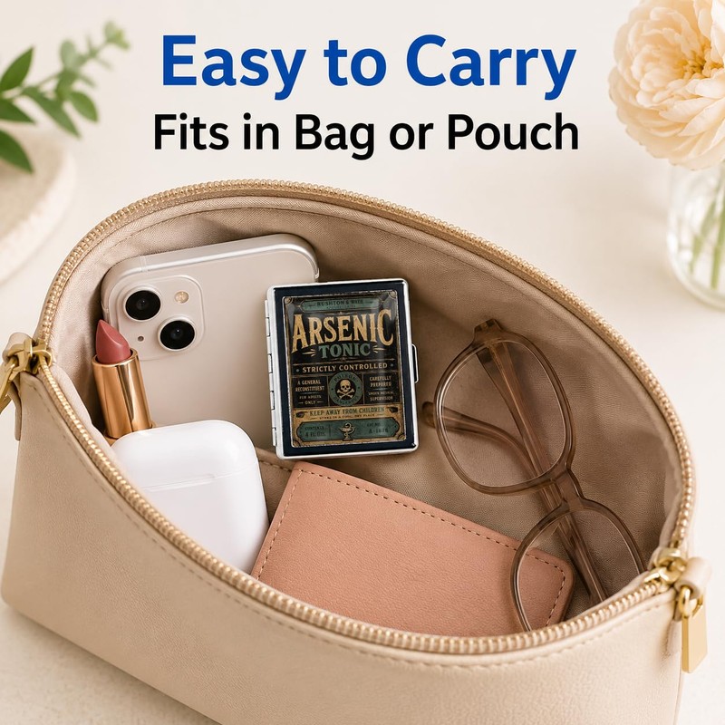 Metal Pill Organizer with Mirror, 8 Compartments Travel Pill Case