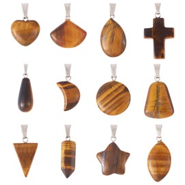Magibeads 12Pcs Tiger Eye Gemstone Charms Cross Star Moon Teardrop Heart Bullet Brass Snap On Bails Healing Power Stone Charms for Crafts DIY Jewelry Making Supplies, Brass, Tiger Eye