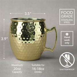 Arora Moscow Mule Mug, Set of 2 Gold Hammered, Durable for Home Dining, Max Capacity 20oz, 3.5" D x 3.9" H