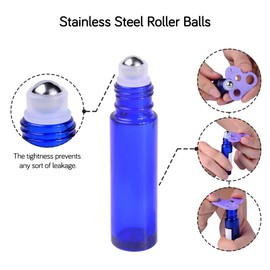 PrettyCare PrettyCare 60 Pack, Bulk 10 ml Essential Oil Roller Bottles with Stainless Steel Roller Ball - Bulk Refillable Leak-proof Empty Thick Blue Glass Roll on Bottles with Black Caps for Travel, Perfume