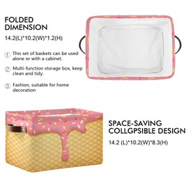 Kigai Ice Cream Cone Storage Basket Collapsible Rectangle Storage Bin Shelves Basket Organizer with Leather Handle for Closet, Office, Nursery, Home Decor