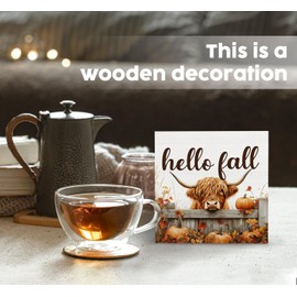 Nitelat Fall Highland Cow Sign - Fall Farmhouse Highland Cow Decor Decorations Gifts For Home Office,Rustic Farm Hello Autumn Pumpkin Maple Leaf Home Decor Signs