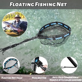 PLUSINNO PLUSINNO Floating Fishing Net, Rubber Coated Fish net for Easy Catch and Release, Fishing Nets Freshwater for Bass, Trout, Walleye, Kayak, Folding Landing Net for Easy to Carry and Storage