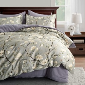 Get Bed Ready Vintage Botanical Bedding Garden Camellia Flower Print 400tc Cotton Sateen French Country Style Duvet Cover Set (Queen, Agate Grey)