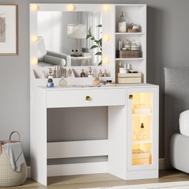 BORNOON Small Vanity Desk with Mirror and Lights, Makeup Vanity Desk with Adjustable Brightness 3 Light Modes, RGB Storage Cabinet, Power Outlet, Drawer, Shelves, Vanity Table for Women Girls Bedroom