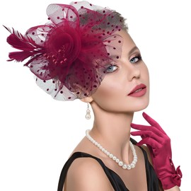 DRESHOW Fascinators Hat for Women Veil Mesh Tea Party Hat Headwear Feather Derby Hat Pillbox Hat and Gloves Pearl Jewelry Set for Cocktail 1920s Party