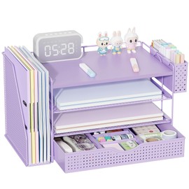 gianotter Wood Desk Organizers and Accessories with File Holder, 4-Tier Desk Accessories & Workspace Organizers with Drawer and Pen Holder, Paper Organizer for Office Supplies (Purple)