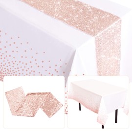 IFAONDECO Rose Gold Tablecloth, 2 Pack - 12x108inch Sequins Table Runners and 54x108inch Plastic Table Cloths for Rose Gold Party Decorations Thanksgiving Christmas Wedding Anniversary