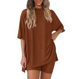 PRETTYGARDEN Women 2 Piece Lounge Set 2026 Summer Casual Oversized Shirts Biker Shorts Matching Airport Travel Outfit Clothes (Brown,Medium)