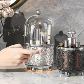 JUPITER WARRIOR Makeup Brush Holder with Lid, 360° Rotating Cosmetic Tools Organizer with Cover, Dustproof Spinning Makeup Brush Organizer for Vanity, Ideal Gift for Girlfriend Wife Friends (Clear)
