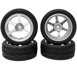 RC Car Tyres and Wheels Set, KINGCOO 4 Pieces 65 mm Rubber Tyres and 6 Spoke Aluminium Alloy Metal Rims Wheels Rims Aluminium Rims Replacement Parts for 1/10 RC On-Road Touring Racing Car (Black