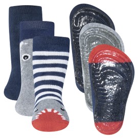 EWERS Pack of 3 Shark Stopper Socks SoftStep Socks with Non-Slip Sole for Boys Non-Slip Socks with Rubber Sole, Made in Germany, 3 Pairs of Non-Slip Children's Socks for Boys, blue/grey