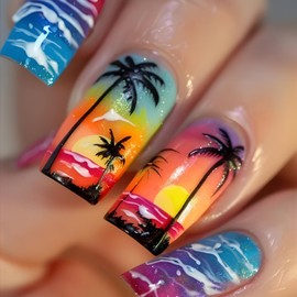 Summer Press on Nails Medium Square Fake Nails Coconut Tree False Nails with The Setting Sun Ocean Waves Design Glossy Full Cover Colorful Summer Acrylic Artificial Nails for Women Manicure