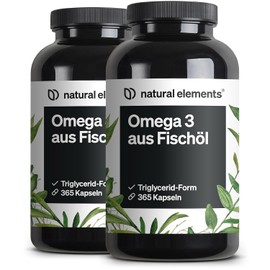 natural elements Omega 3 (Set of 2) - 2 x 365 Capsules - 2000 mg Fish Oil per Daily Dose - with EPA and DHA in Triglyceride Form - Laboratory Tested and Elaborately Cleaned