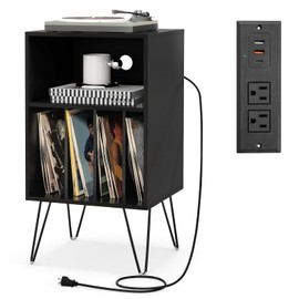 LOKO 3-Tier Record Player Stand, Turntable Stand with Charging Station, Vinyl Record Storage Table with Shelf & 4 Dividers, Turntable Display Shelf for Living Room, Bedroom (Black)