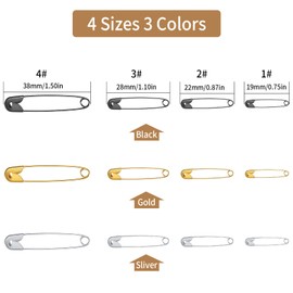 540 Pcs Safety Pins Assorted, Safety Pins for Clothes Crafts Sewing Crafts and Arts Dressmaking Accessories Jewelry Making Safety Pins - 19mm/22mm/28mm/38mm, Gold/Silver/Black
