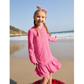 BesserBay Girls Summer Long Sleeve Button Down Solid Cover Ups with Pocket Pink Tiered Beach Loose Fit Beach Coverup 9-10 Years