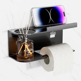 Toilet Paper Holder Wall Mount - Strong Adhesive or Screw Mount Bathroom Toilet Paper Holder with Shelf- SUS304 Stainless Steel Tissue Roll Storage - Holds Phone, Reed Diffuser(Matte Black)