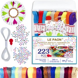 20 skiens Embroidery Floss，Embroidery Thread Friendship Bracelet Stitch Kit， Crafts Thread with 200beads，1 roll of transparent thread, 1 bracelet wheel，1 threader