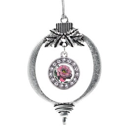 Inspired Silver - Peony Flower - Silver Christmas Ornament - Circle Charm Christmas Tree Ornament with Cubic Zirconia - Holiday Hanging Decoration