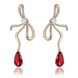 TIMEMATRIX Bow Tie Earrings for Women, 18K Gold Plated Brass with Red Cubic Zirconia