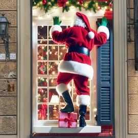 BlissYard Merry Christmas Window Decoration Santa Claus Window Decorations 31x47 Inch Door Cover Hanging Banner Santa Claus Climbing Scene for Festive Holiday Home Decoration Christmas Poster