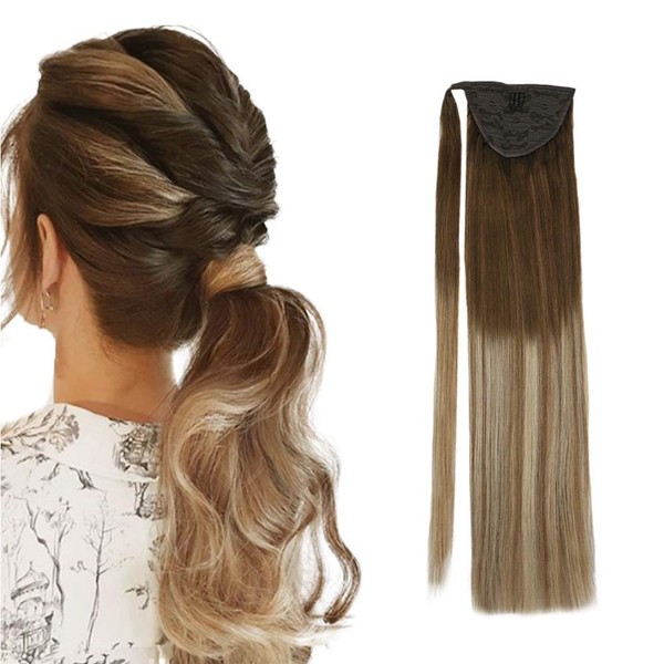 Sunny 18inch Ponytail Wrap Around Extensions Ombre Dark Brown Fading to Medium Brown with Blonde Straight Ombre Clip in Hair Extensions Ponytails Wrap Around Ombre Hair Piece 80G
