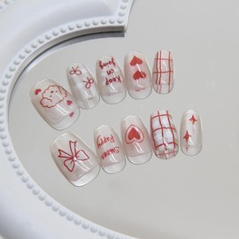 Mgmxbsth 30Pcs Press on Nails Short, Cute Nails Glossy Fake Nails, Glue on Nails Summer False Nails with Designs Stick on Nails for Women (Pink Cats and Dogs)