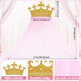 Affrolling 2pcs Princess Party Pink Tulle Background Curtain Decorations Set Glitter Crown Oversized 5x8 ft Pink Gauze Backdrop for Princess Birthdays Party Mothers Day Bridal Baby Showers Wedding