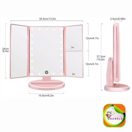 CreateAndBundle Tri-fold Lighted Vanity Makeup Mirror with 3x/2x Magnification, 21 LED Lights and Touch Screen, 180 Degrees Free Rotation Countertop Cosmetic Mirror, Travel (Pink)