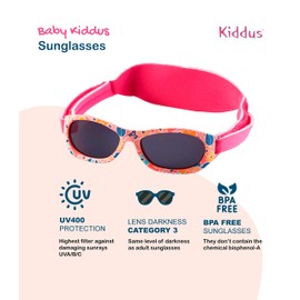 Kiddus Baby Sunglasses for Newborns, Boys and Girls from 0 Months to 2 Years. 100% Sun Filter Protection UV400 Adjustable Soft Strap. BPA Free. Various Patterns, Pink leaves