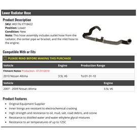Marketplace Auto Parts Lower Radiator Hose - Compatible with 2007-2010 Nissan Altima 3.5L V6 (Up To 1/31/2010)