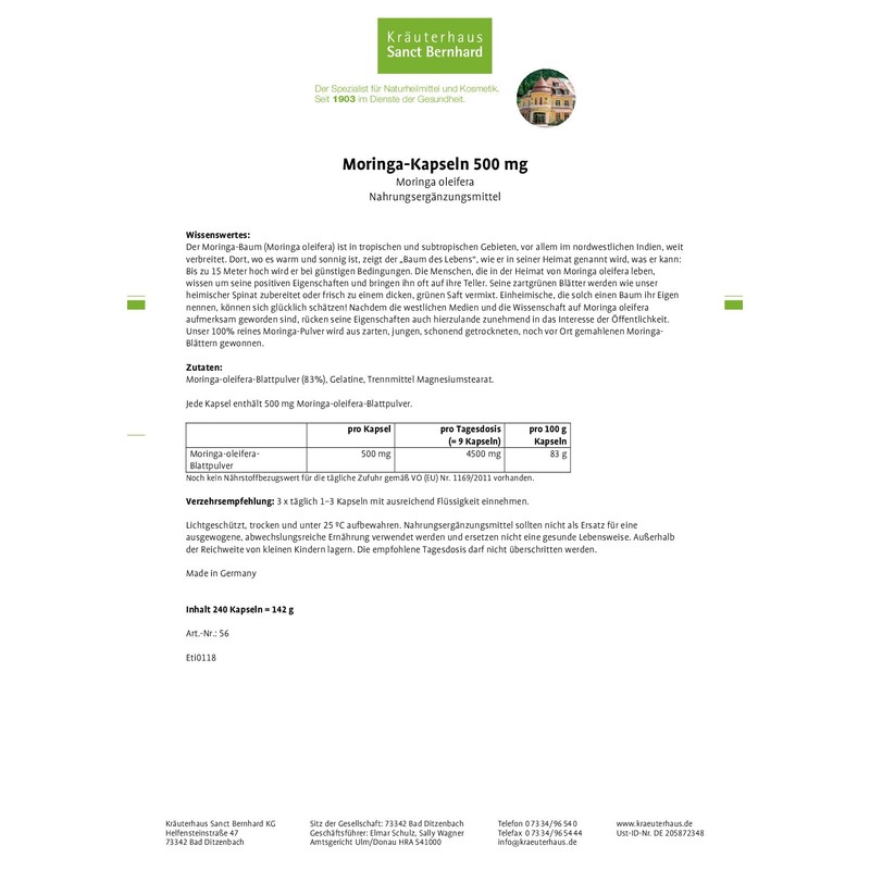 Sanct Bernhard Moringa Capsules 500 mg 240 Capsules