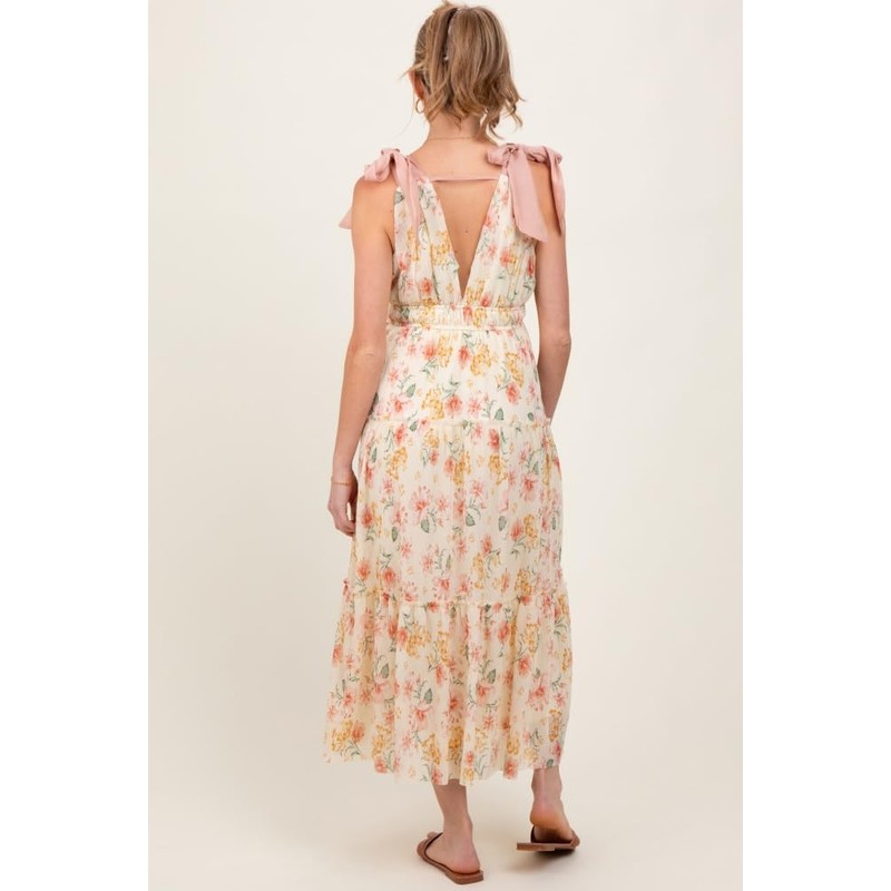 PinkBlush Cream Floral Shoulder Tie Deep V-Neck Tiered Maternity Maxi