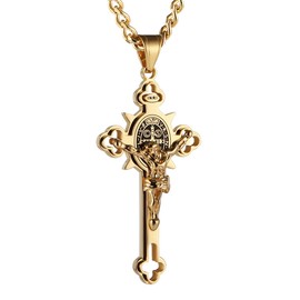 HZMAN Stainless Steel Saint St St. Benedict Crucifix Cross Pendants Necklace INRI (Large Gold)