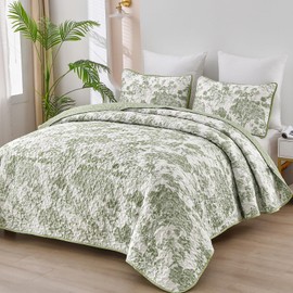 WONGS BEDDING Botanical Quilt Set Full Size, Sage Green 3 Pieces Toile Floral Plants Printed Bedspread Bedding Set Soft Lightweight Microfiber Coverlet Set for All Season (90"x78")