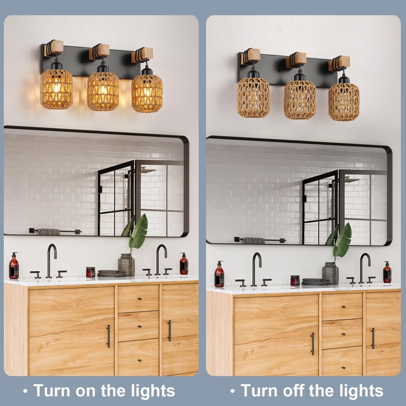3 Light Bathroom Vanity Light Fixtures， Rustic Style Wood Bathroom