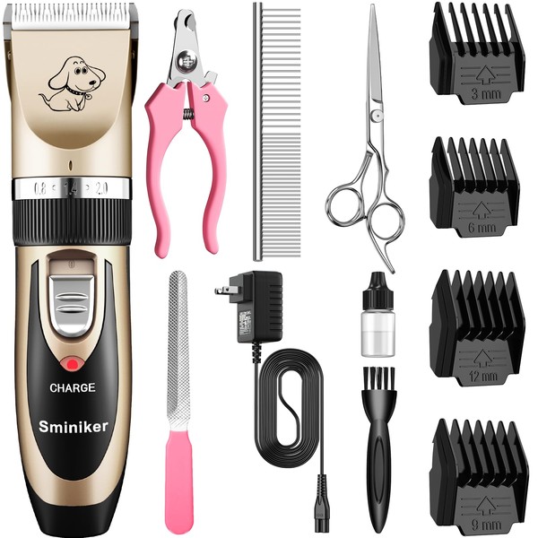 Sminiker Professional Low Noise Rechargeable Cordless Cat Dog Horse Clippers Professional Pet Clippers Grooming Kit,Animal Clippers Pet Grooming Kit(Gold)