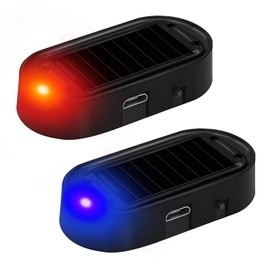 NYTKL 2PCS Car Solar Power Simulated Dummy Alarm, Anti-Theft Car Warning Light Fake Lamp with Light Sensor, Automotive Interior LED Flashing Security Lights with USB Charger Port (Blue+Red)