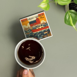 Boothbay Harbor, Maine, Nautical Geometric (Absorbent Ceramic Coaster, Single, Cork Back, Kitchen Table Decor)