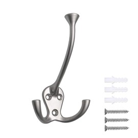 HARPOON 5 Pack Heavy Duty Three Flared Prongs Coat Hooks, Wall Mounted with 15 Screws Retro Three Robe Hooks, Utility Hooks for Scarf, Bag, Towel, Key, Cap, Cup, Hat (Satin Nickel)