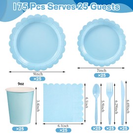 Xiangqu 175 Pcs Light Blue Paper Plates and Napkins, Easter Plates Blue Party Supplies Include Light Blue Scalloped Plates Napkins Cups Plastic Spoons Forks Knives for Baby Shower, Wedding, Birthday | Xiangqu