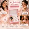 Set Reloj Cuarzo Mujer Correa Piel Rosa + 5 Pulseras