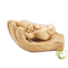 Hand Carved Olive Wood Baby Jesus in The Father’s Hand Made in Bethlehem The Holy Land (4" x 2.5")