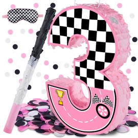 Pink Racing Cars Themed Birthday Decorations, Racing Cars Themed Number 3 Pinata with Stick Blindfold and Confetti Racing Car Themed 3rd Birthday Party Decoration & Supplies (Pink Race car 3th)